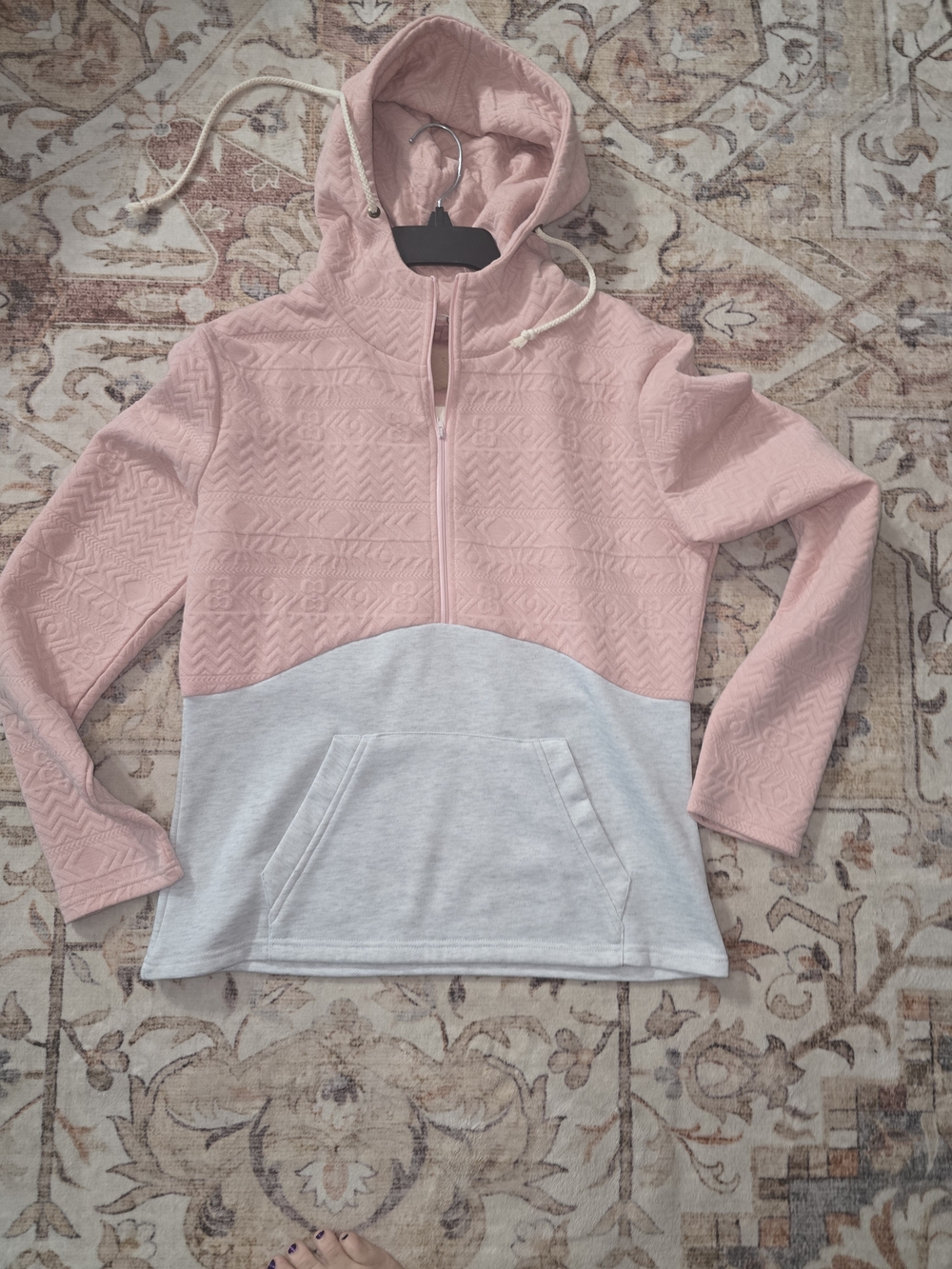 Women's Pink and Light Gray Hooded Textured Pullover